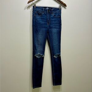 Hollister High Rise Super Skinny Distressed Busted Knees Denim Jeans Blue